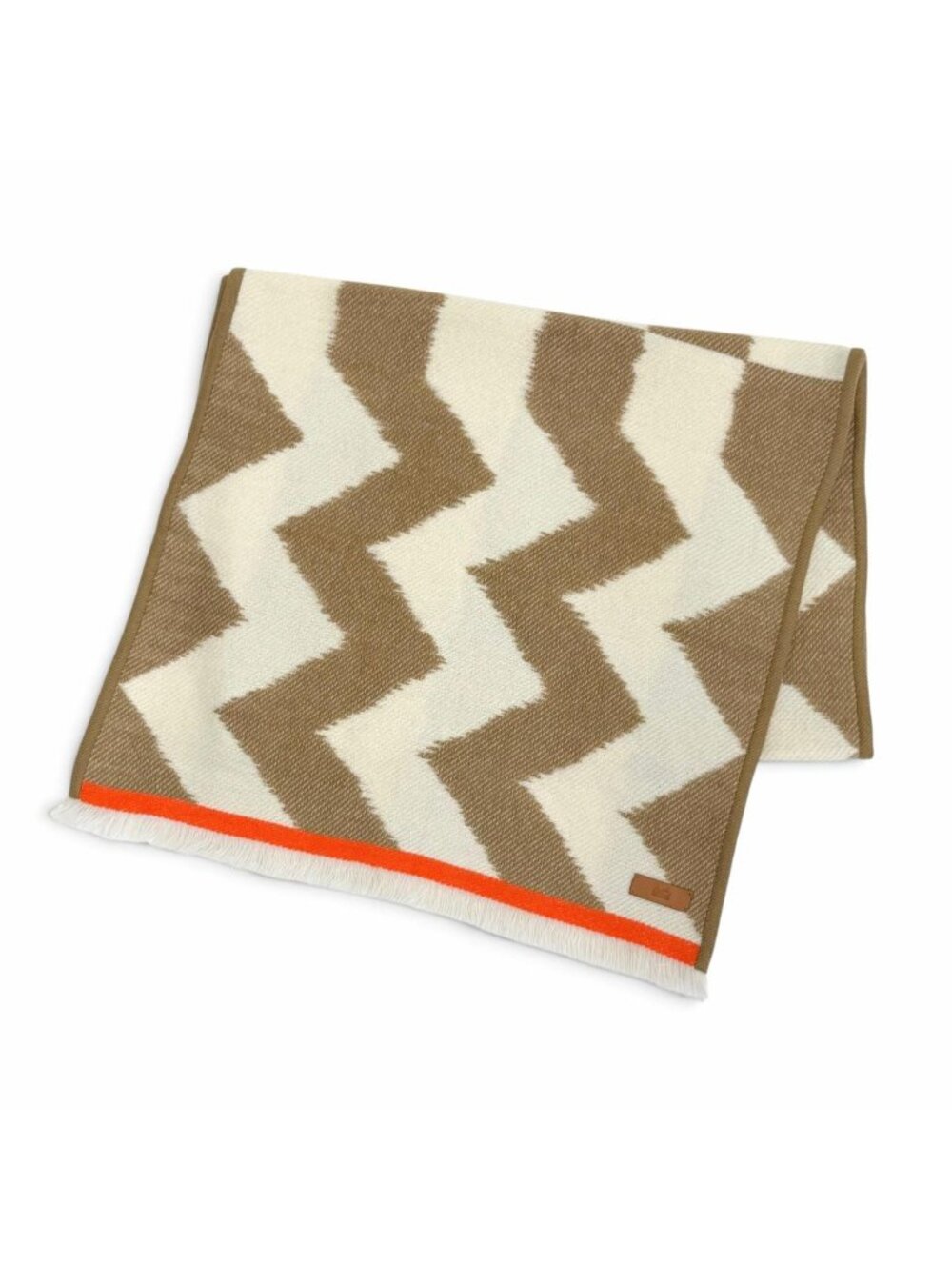 Hermes Ikat Electro Cashmere 100% Fringe Shawl Scarf Brown Ivory Orange